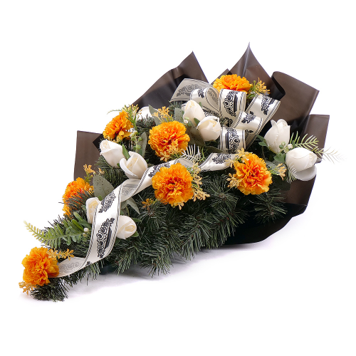 Irigo smútočná kytica oranžovo-biele karafiáty a ruže