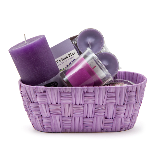 Darčekový prútený fialový košík sviečky