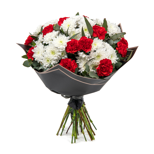 Smútočná kytica biele chryzantémy a červené karafiáty