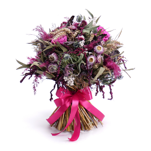 Irigo sušená kytica preparované cyklamenové ruže stuha