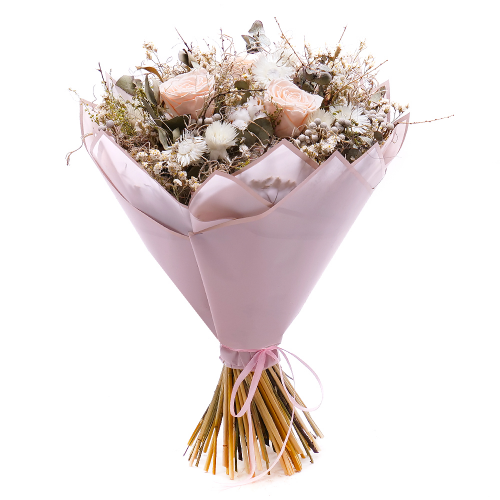 Irigo sušená kytica preparované ružové ruže cotton