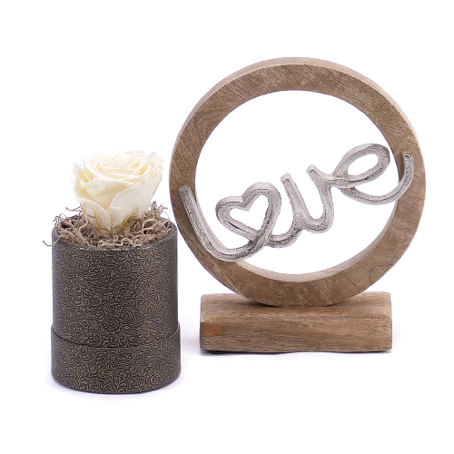 Darčekový set drevená dekorácia Love a In eterno preparovaná ruža
