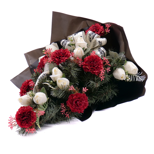 Irigo smútočná kytica bordovo-biele karafiáty a ruže