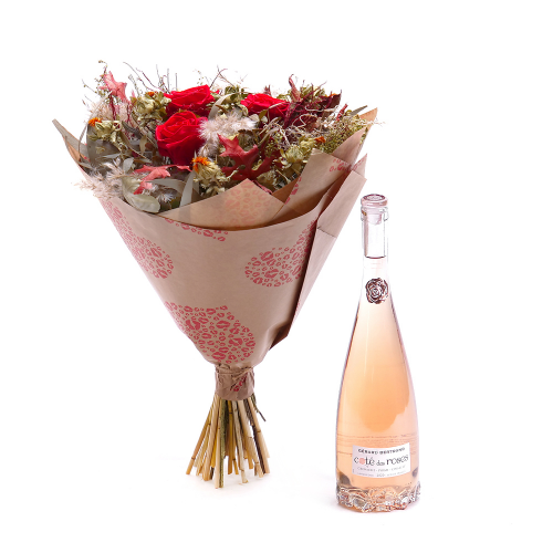 Irigo sušená kytica preparované červené ruže carthamus a víno Gérard bertrand