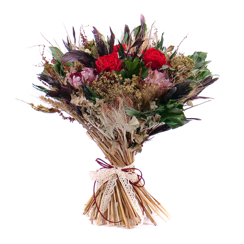 Irigo sušená kytica preparované červené ruže Monalisa a perie