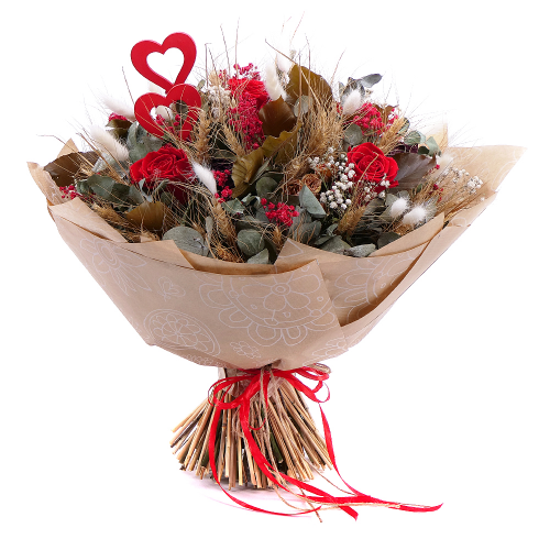 Irigo sušená kytica preparované ruže Monalisa red srdiečka