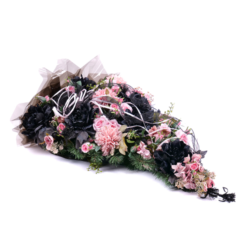 Irigo smútočná kytica ružové a čierne kvety