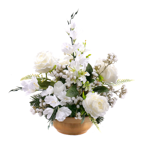 Irigo smútočný aranžmán v zaťaženej miske biele kvety