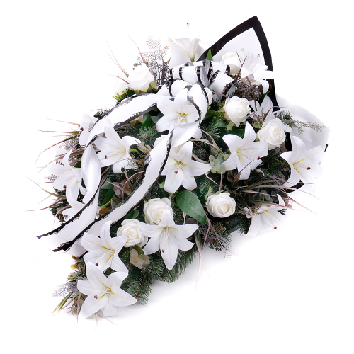 Irigo smútočná kytica biele ľalie a ruže