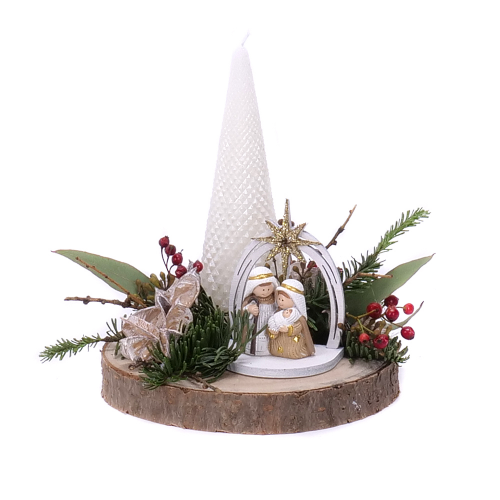 Vianočný aranžmán na dreve a Svätá Rodina