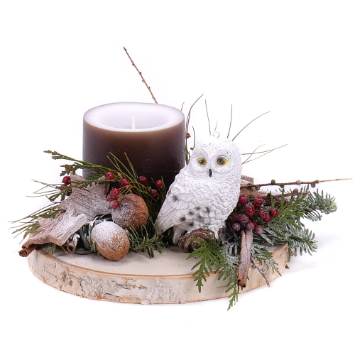 Vianočný aranžmán na dreve biela sova