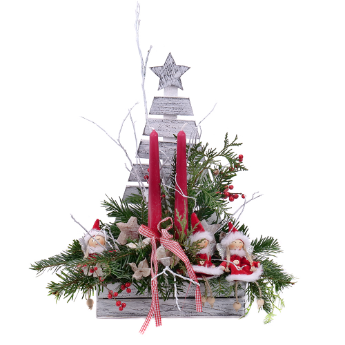 Vianočný drevený biely stromček červené sviečky a figúrky