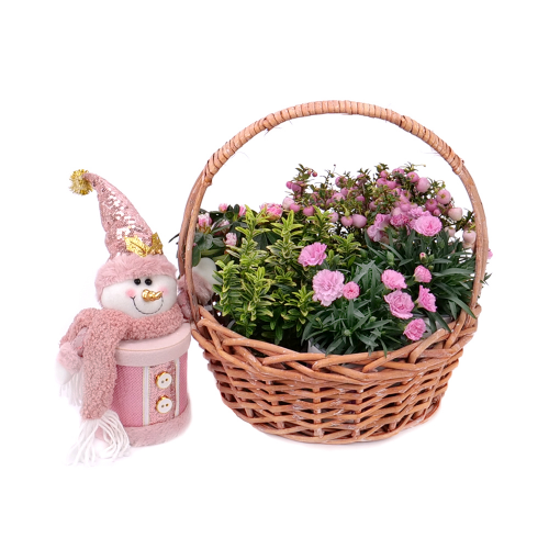 Darčekový prútený kôš mix kvetov a zimná dekorácia