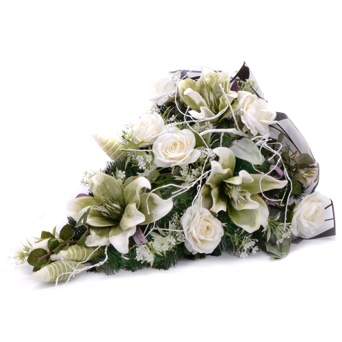 Irigo smútočná kytica penové zeleno - biele kvety a ruže