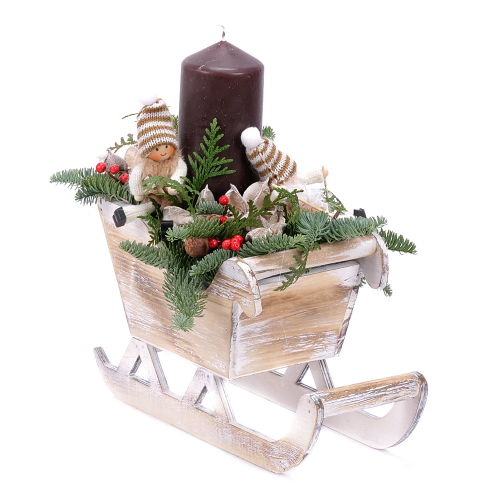 Vianočný aranžmán drevené sane hnedá sviečka