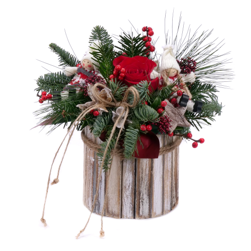 Vianočný aranžmán v drevenom boxe živá čačina červená ruža