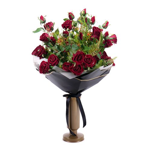 Irigo smútočná kytica bordové kvety s vázou