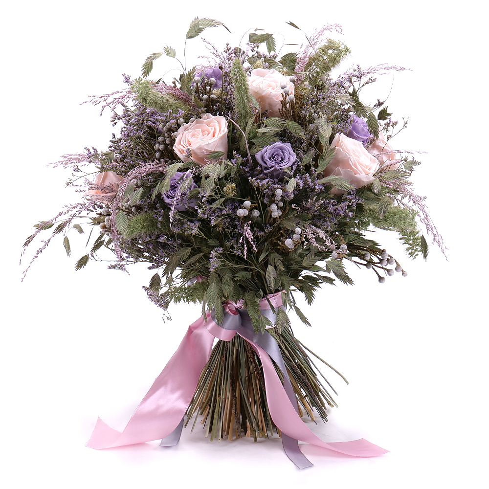 Irigo sušená kytica preparované fialové a marhuľové ruže