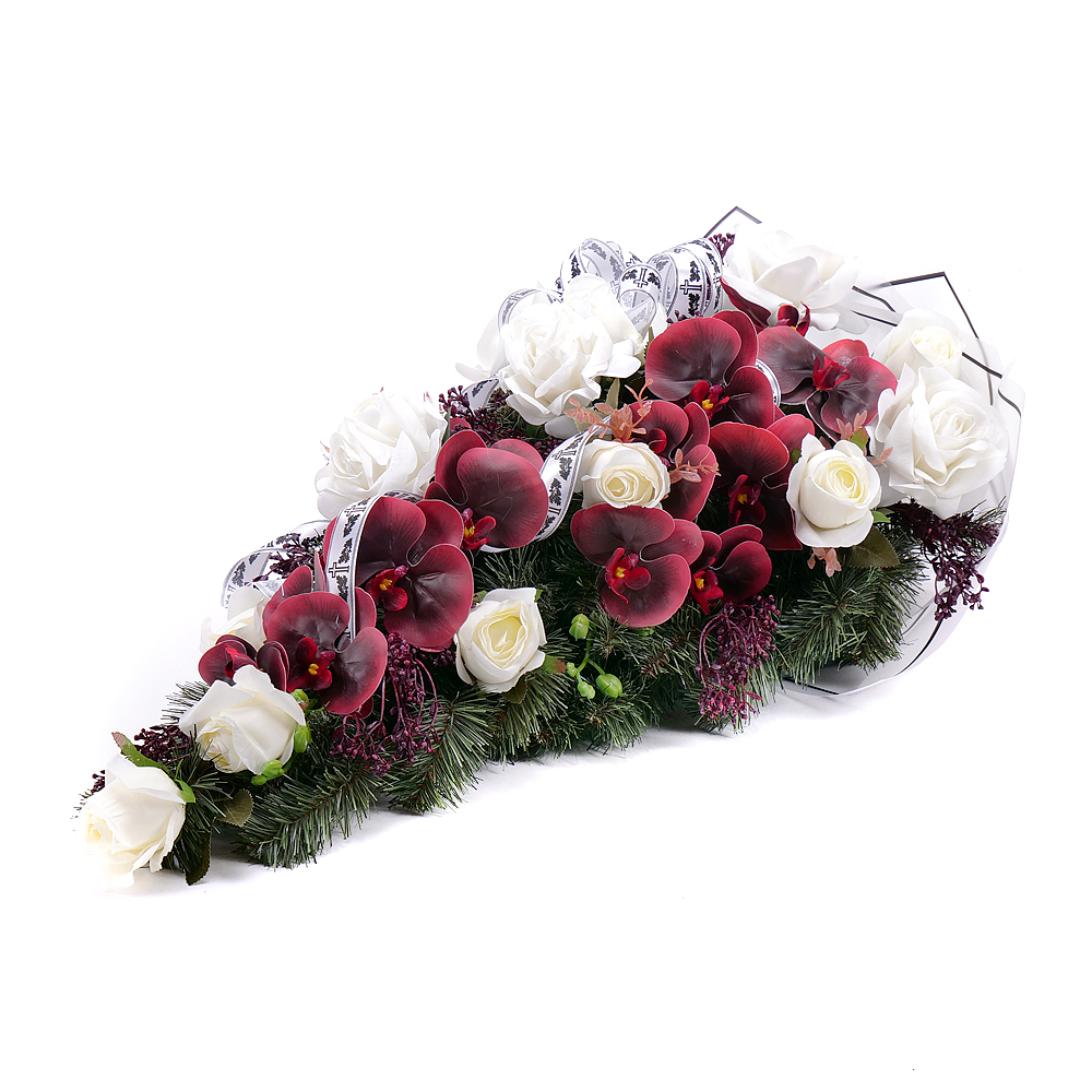Irigo smútočná kytica bordové a biele kvety
