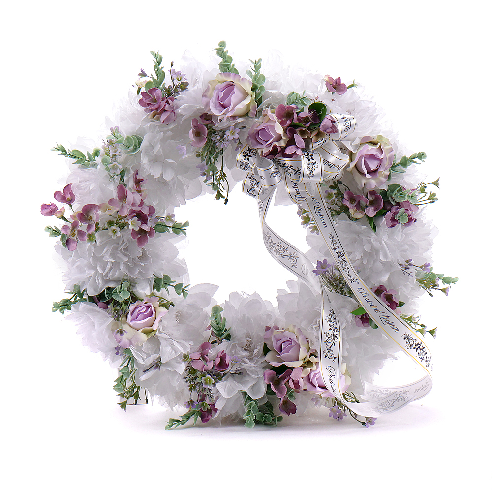 Irigo smútočný veniec biele a fialové kvety
