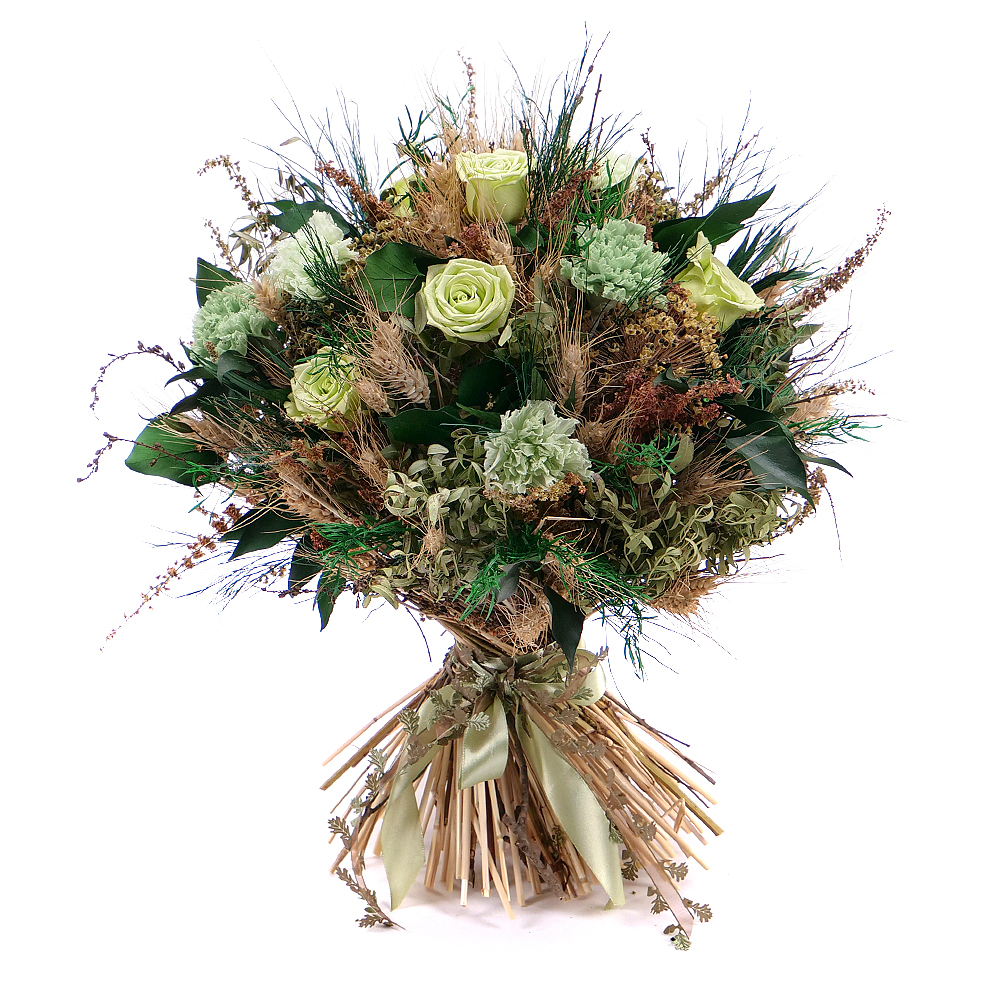 Irigo sušená kytica preparované zelené ruže a karafiáty