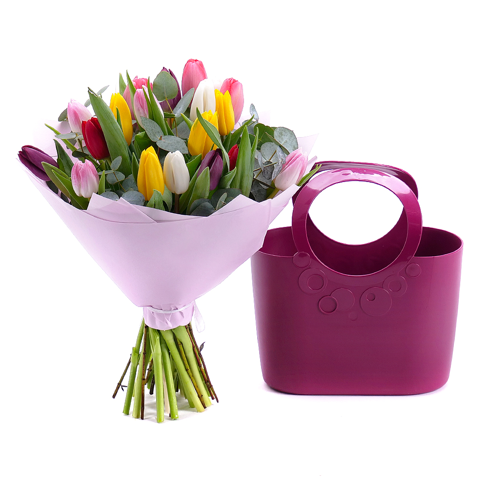 Kvetinová taška Sweet tulipány a eukalyptus
