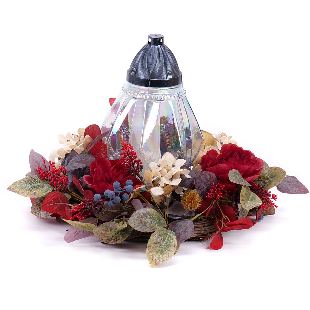 Irigo smútočný veniec, sklenený kahanec červené kvety